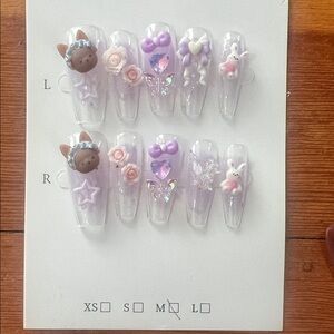 Cute Purple and Pink 3D Nail Set Size M